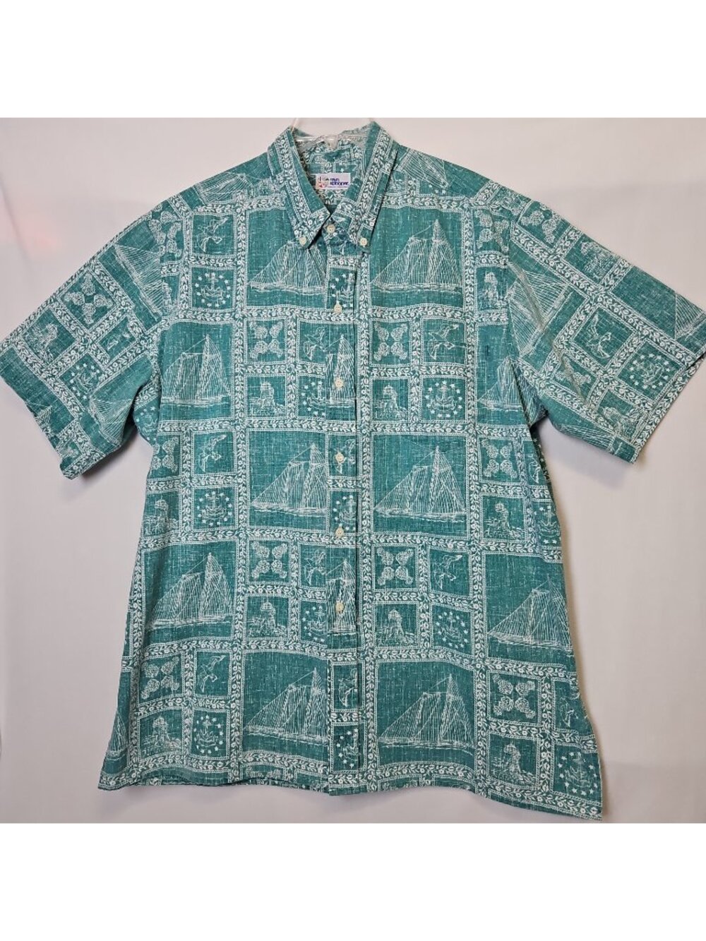 Vtg Reyn Spooner Hawaiian Traditionals Shirt Sz XXL 2XL Green Nautical Sailboat